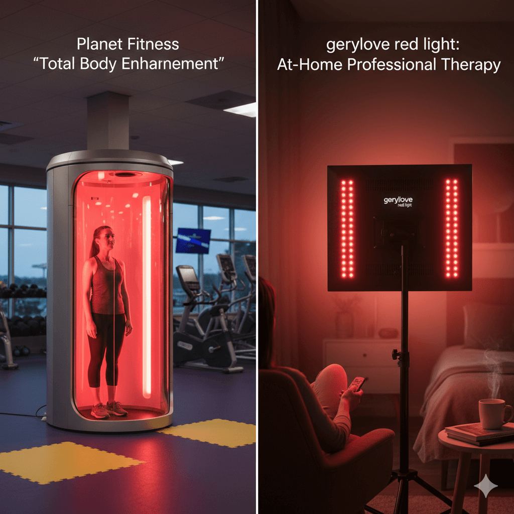 Red Light Therapy at Planet Fitness showcased with Total Body Enhancement and gerylove at-home equipment.