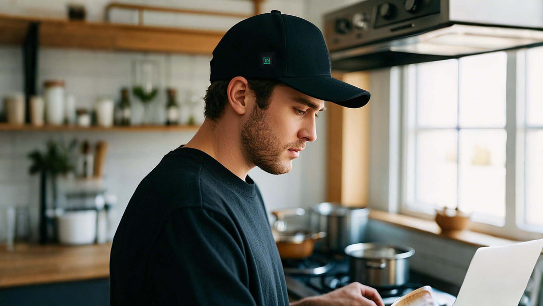 Man working in a kitchen focused on his laptop, exploring red light therapy for hair loss solutions.