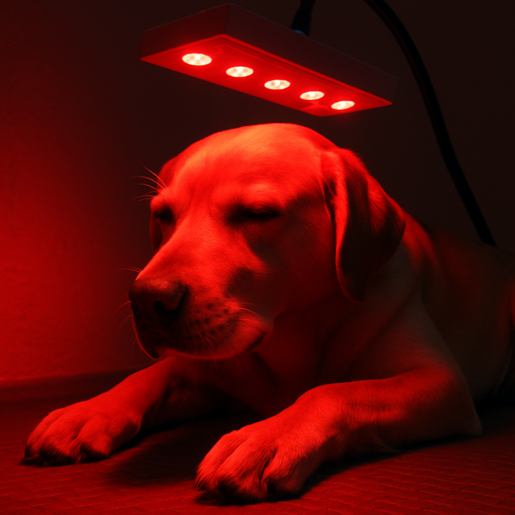 Dog receiving red light therapy benefits for dogs in a calming environment with a therapeutic device.
