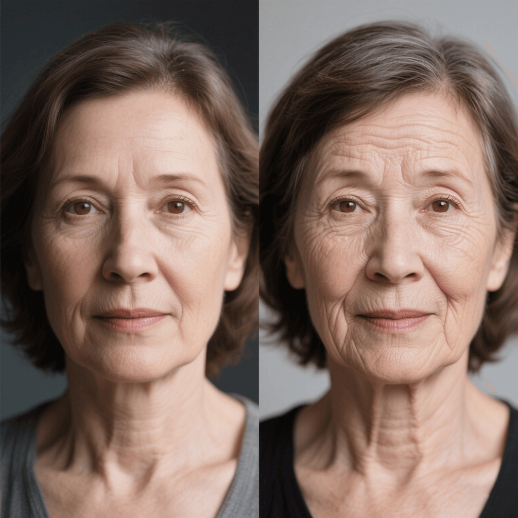 Before and after results of red light therapy anti-aging strategies on skin, showing reduced wrinkles and improved appearance.