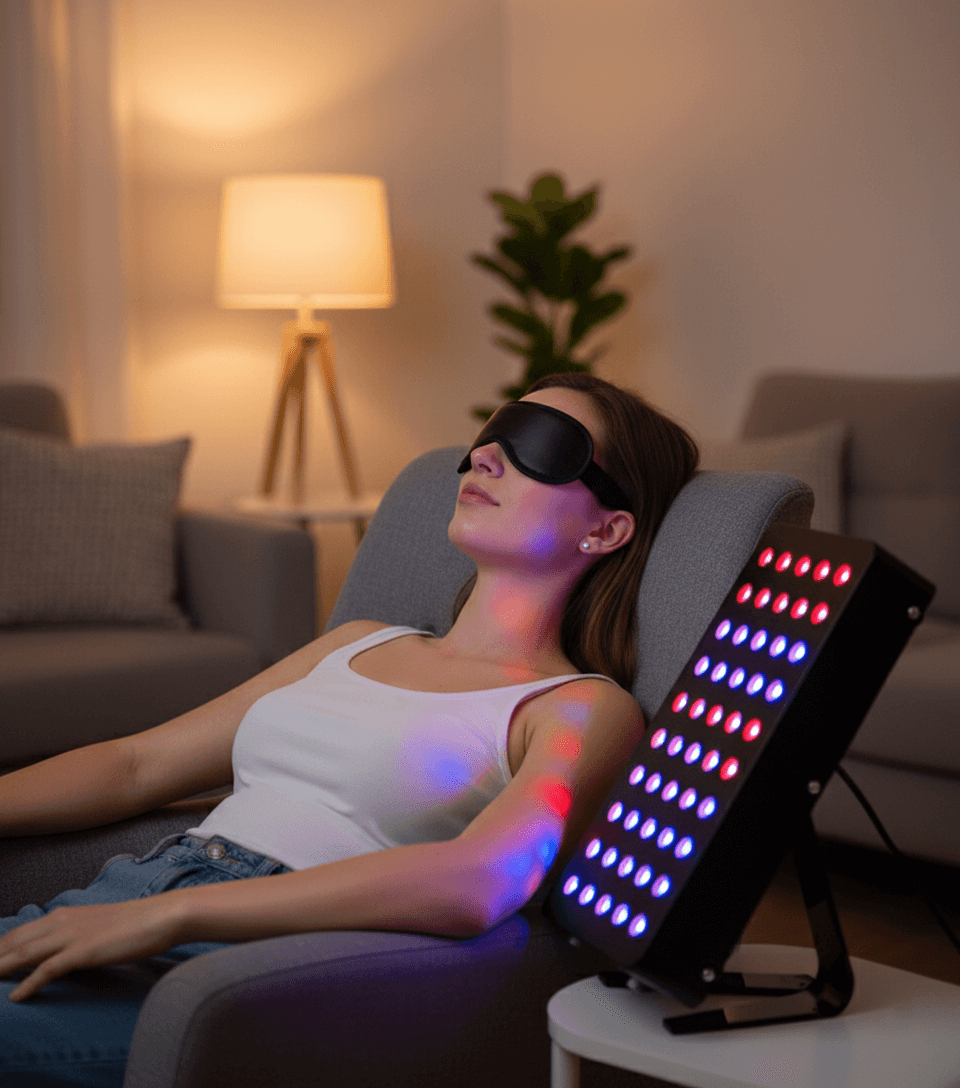 A woman relaxing with a sleep mask while using a device for at-home blue light therapy effectiveness.