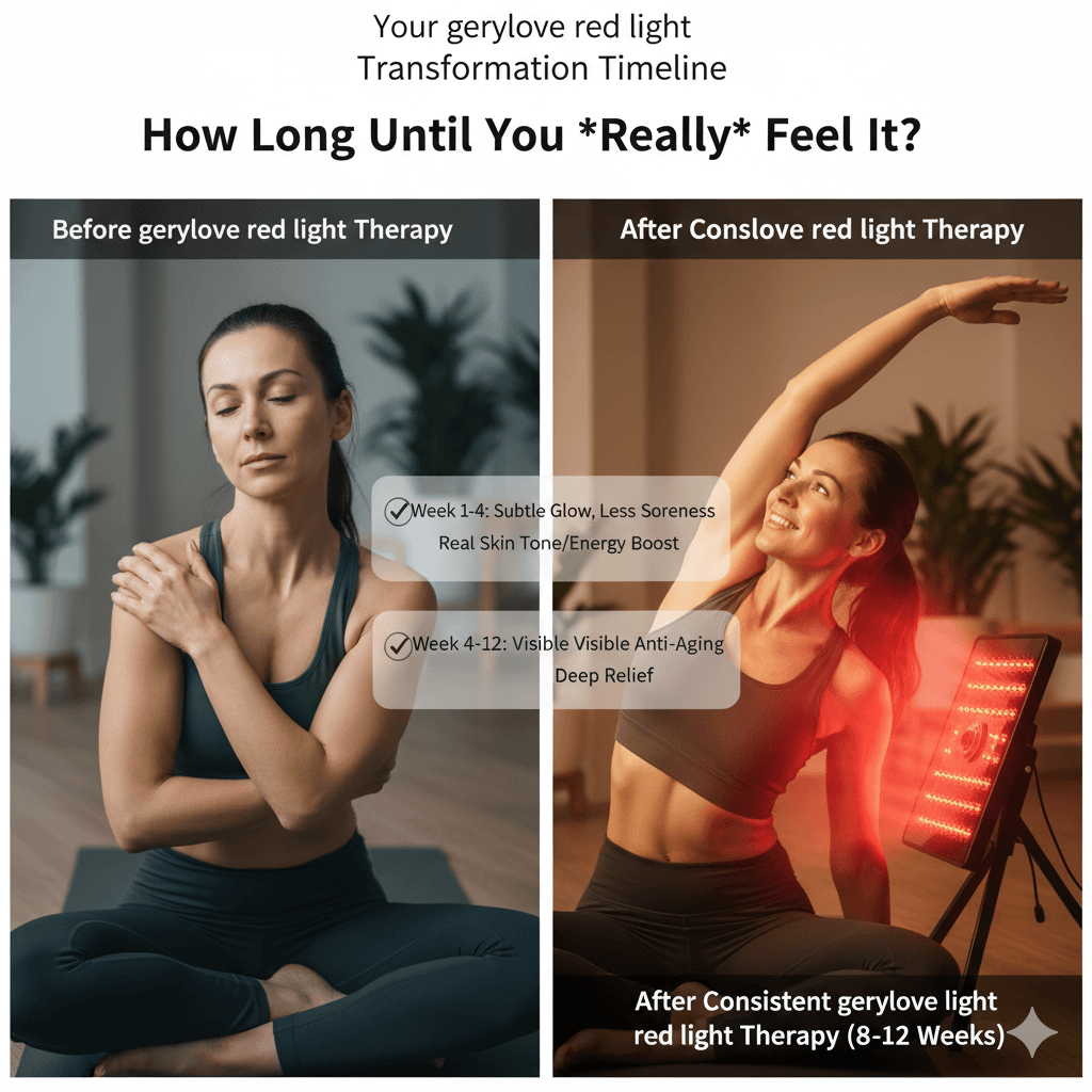 Red light therapy results timeline showing before and after effects of gerylove and consolve therapy.