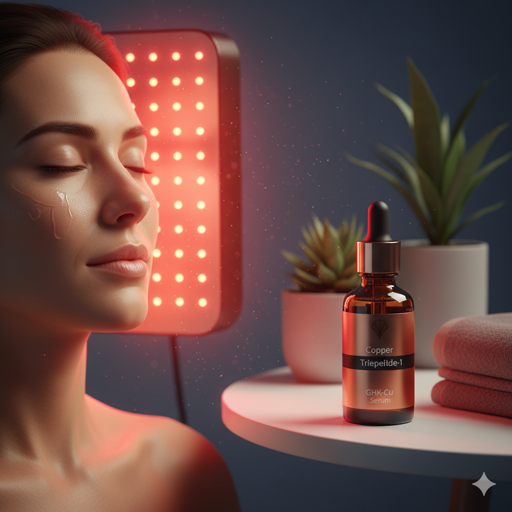 Copper Tripeptide-1 & Red Light Therapy: A woman rejuvenates her skin with serum and therapy light.