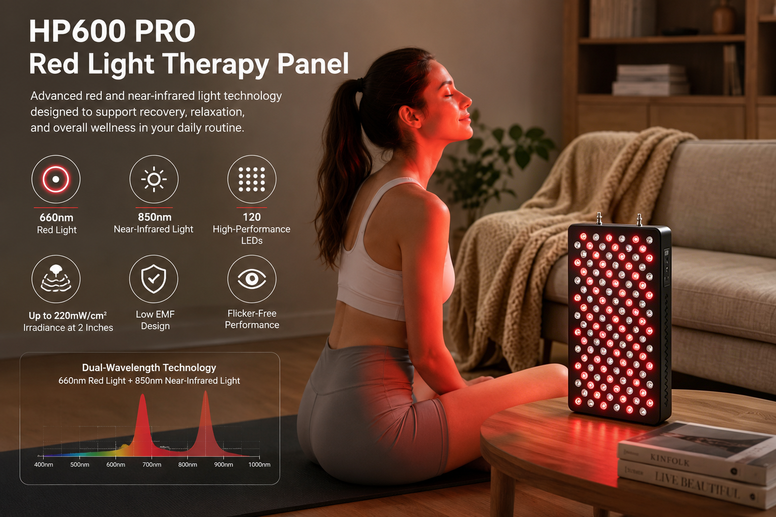 HP600 PRO Red Light Therapy Panel | Near Infrared Light Therapy for Recovery, Wellness & Home Use