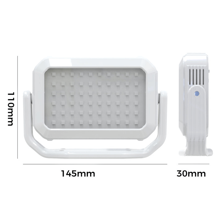 Handheld red light therapy device shown from multiple angles with measurements, ultra-compact and portable for skincare.