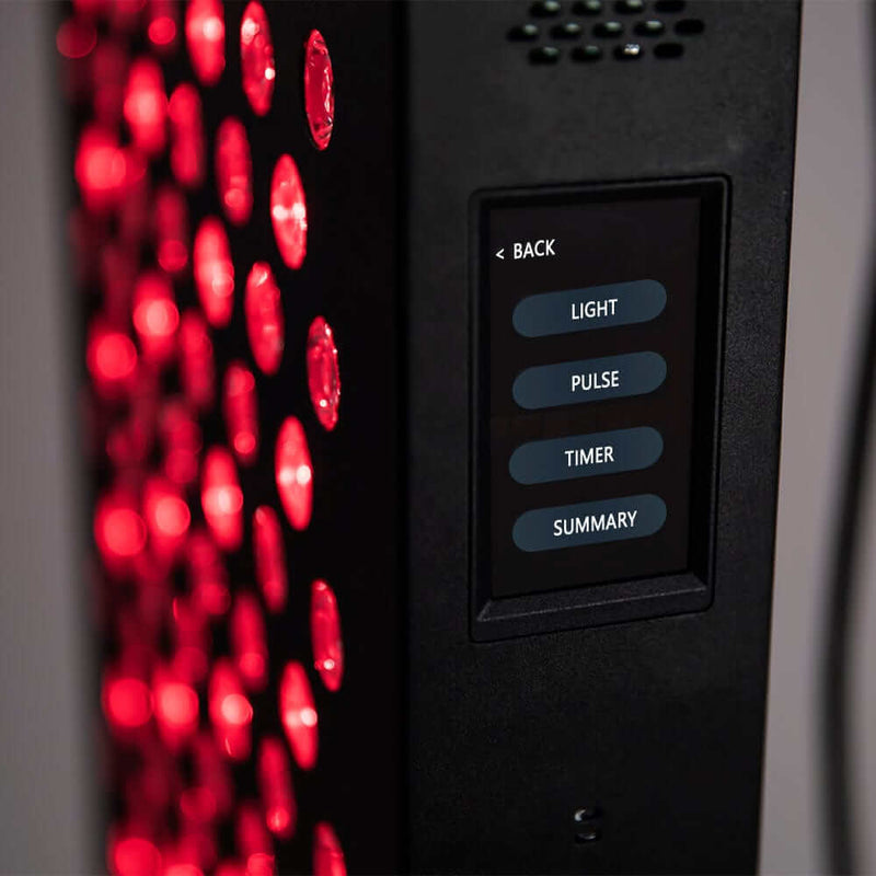 Close-up of the control panel of the Red Light Therapy Mega Panel HP1800 Pro showing light, pulse, timer, and summary settings.