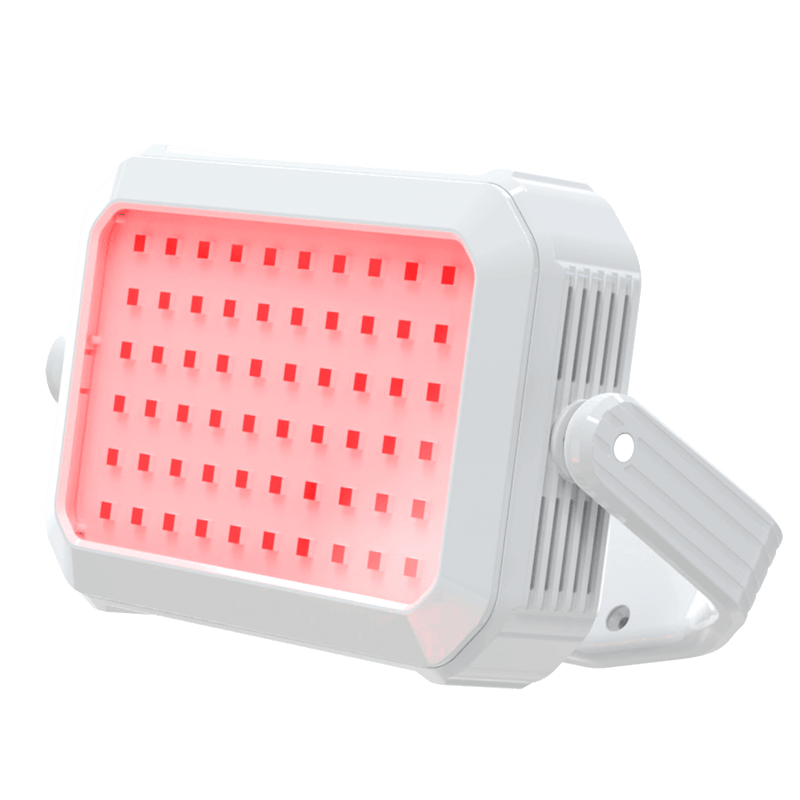 Handheld red light therapy device with red glowing lights designed for portable skincare treatments.